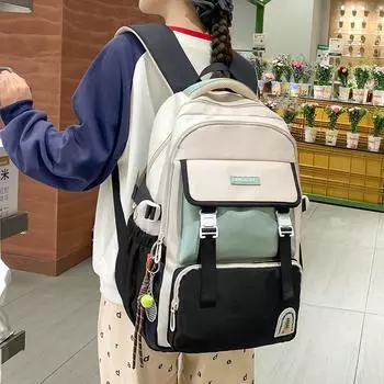 Студенческий школьный рюкзак большой вместимости женский рюкзак с цветными блоками серый