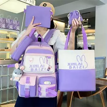 Студенческий школьный рюкзак с цветными блоками, набор из пяти предметов, рюкзак большой емкости, женский повседневный рюкзак с героями мультфильмов синий/белый