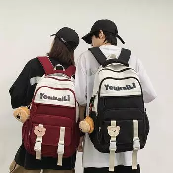 Студенческий школьный рюкзак с цветными блоками, рюкзак с буквенным принтом для девочек, сумка для защиты позвоночника, рюкзак большой вместимости для мужчин красный