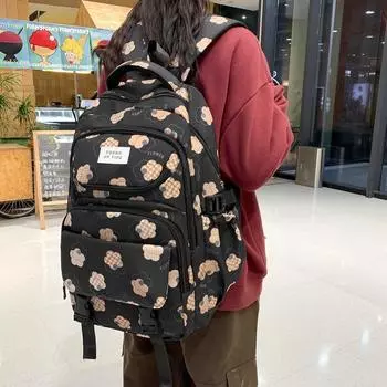 Студенческий школьный рюкзак с цветочным принтом для кампуса, женский рюкзак для компьютера большой емкости чёрный