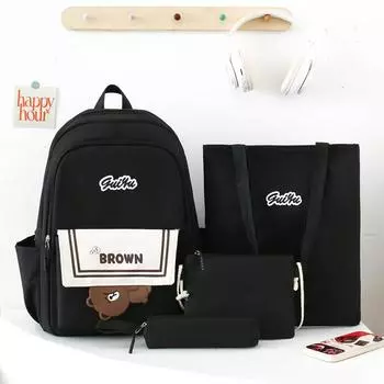 Студенческий школьный рюкзак с мультяшным медведем, женский рюкзак, набор, рюкзак большой емкости чёрный