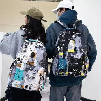 Студенческий школьный рюкзак с принтом граффити, женский рюкзак большой емкости для кампуса, мужской рюкзак для путешествий на открытом воздухе чёрный