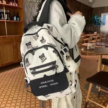 Студенческий школьный рюкзак с принтом медведя, рюкзак для девочек, рюкзак для учащихся третьего-шестого классов чёрный