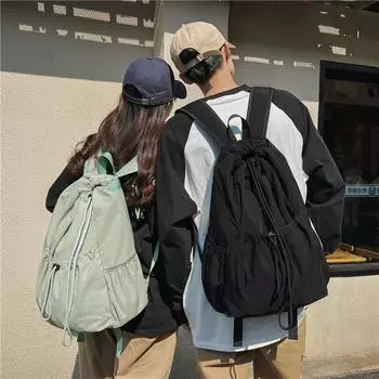 Студенческий школьный рюкзак со шнурком, плиссированный нейлоновый рюкзак бежевый