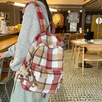 Студенческий школьный рюкзак в клетку в стиле ретро, большой вместимости коричневый