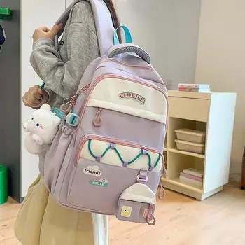 Студенческий школьный рюкзак женский контрастного цвета большой емкости с кошельком для монет чёрный