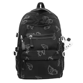 Студенческий школьный рюкзак женский с принтом бабочек чёрный