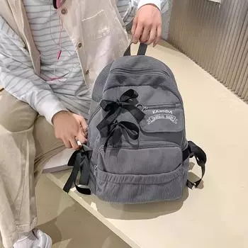 Студенческий школьный рюкзак женский вельветовый рюкзак большой емкости чёрный/белый