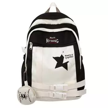 Студенческий школьный женский рюкзак с контрастным цветом и пятиконечной звездой, рюкзак большой емкости, дорожный рюкзак чёрный