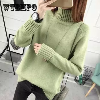 Студенческий свитер с длинными рукавами, женское базовое пальто, корейская версия, свободный пуловер с высоким воротником, женский осенне-зимний новый стиль S розовый