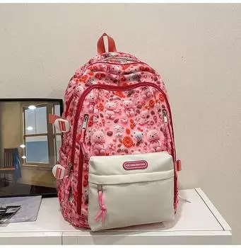 Student Capacity Large Backpack With Bear And Flower Print Design For Daily