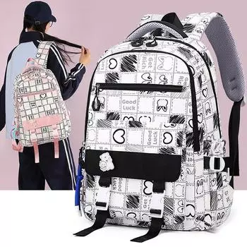 Student Cartoon Schoolbag Plaid Print Women s Large Capacity Backpack