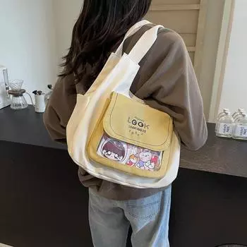 Student Class Large Capacity Shoulder Bag Women s Campus Handbag Color Block Tote Bag чёрный