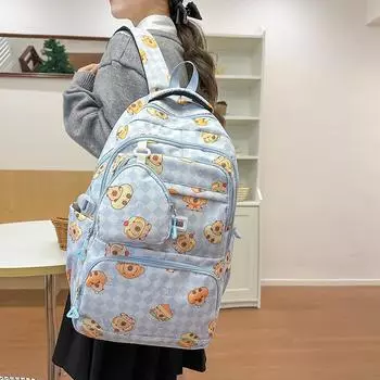 Student Large Capacity Schoolbag Cartoon Backpack Women s Multi-Pocket Backpack with Coin Purse синий