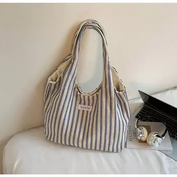 Student Large Capacity Stripe Tote Bag Women s 2025 New Korean Series Casual Shoulder Bag All-Match Canvas Big Bag Blue [Collection plus purchase priority delivery]]