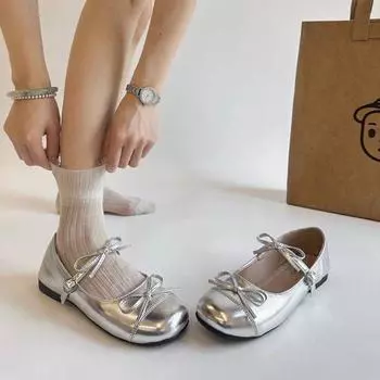 Student silver double bow Mary Jane shoes new round head flat sole shoes with skirt buckle beanie shoes 35