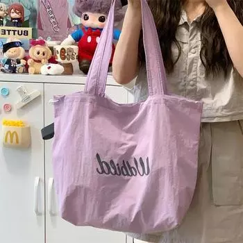 Student Tote Bag Women 2025 New Small Fresh Drawstring Canvas Bag Lightweight Handbag Large Capacity Shoulder Bag Purple
