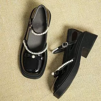 Студентки Девочки Мэри Джинсы Женские Мокасины с пряжкой на ремне и бисером Блестящие Маленькие кожаные Туфли Дамы Лолита Низкие Каблуки Оксфорды 5 чёрный