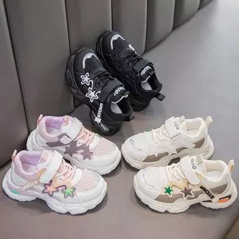 Students Running Shoes Thick Soft Sole Kids Sports Shoes Mesh Breathable 2024 New Fashion Boys Girls Sneakers with Stars Casual 26 чёрный