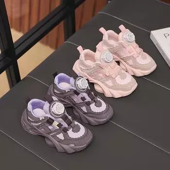 Students Running Shoes with Rotating Button Children Sneakers Trendy Thick Soft Sole 2024 New Fashion Girls Sports Shoe Non-slip 26 розовый