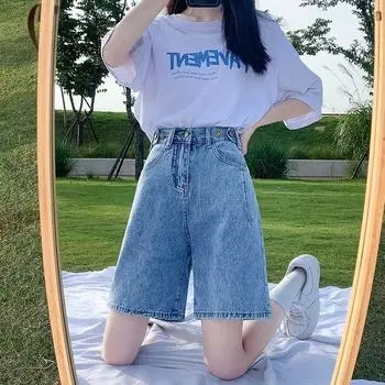 Студенты свободные и тонкие прямые брюки с пятью точками, супер горячие брюки, новые широкие джинсовые шорты весны и осени, женские с высокой талией