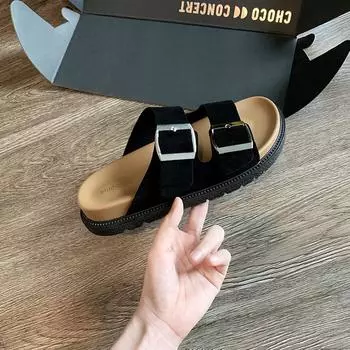 Studiolee one-word square buckle thick-soled slippers women s summer outer wear flat-bottomed Boken sandals 35