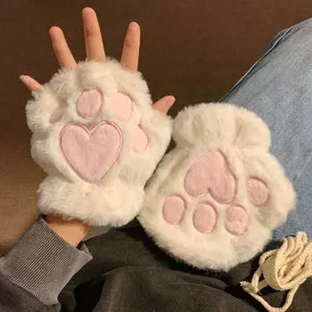Stuffed Half Finger Female Cold-Proof Mobile Phone Cute Cat Claw White half finger cat claw gloves M