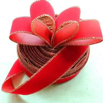 Stunning 2 Meter Red Plush Ribbon With Glittering Gold Border For Decor Christmas