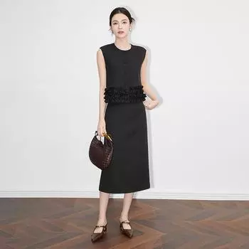 Stunning Fashionable Sleeveless Vest Coat & Midi Skirt Two-Piece Set Large