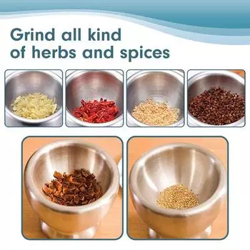 Ступка и пестик из нержавеющей стали 18/8 с силиконовым пылезащитным чехлом, нескользящим основанием и удобной ручкой - можно мыть в посудомоечной машине