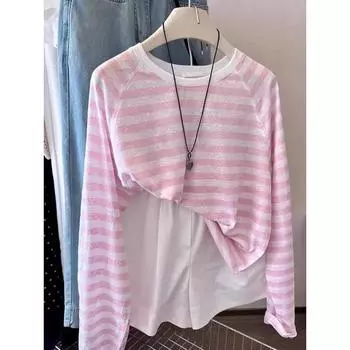 Style Casual Chic Contrast Color Stripes Long Sleeves T-shirt Women s Micro Transparent Loose round Neck Sun Protection Pullover Smock Top Autumn Pink One size