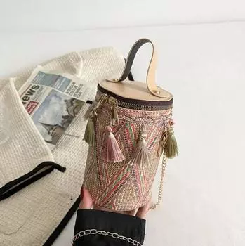 Style Ethnic Mini Crossbody Bag Tassel Woven Cylindrical Bag For Women Use Daily