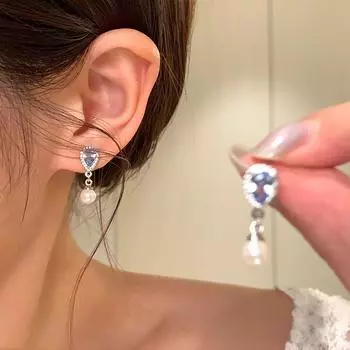 Style Ice Blue Sparking Zirconium Water Drop Pearl Earrings for Women Accessible Luxury Fancy Elegant Ear Studs Unique and Beautiful Generous Earrings S925 silver needle-flash zirconium Pearl pair
