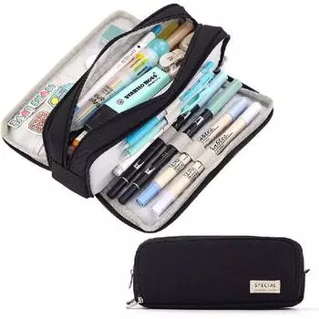 Style Korean Trendy Large Capacity Pencil Case Minimalist Durable Bag Canvas Black