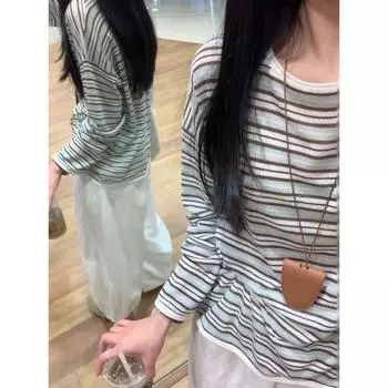Style Lazy Contrast Color Stripes Long Sleeves T-shirt Female Spring & Fall Chic Ice Silk Thin Type Sunscreen Air Conditioning Blouse Summer Tops Stripes L