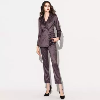 Style Professional Women s Pants Elegant Outfit Small Suit Outfit Women s Spring and Autumn Clothes British Style Striped Business Wear Gray O Grey Suit (Tops + pants) S