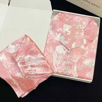 Style Romantic Star River Tie-dye Women s Pajamas French Elegant Classy Short Lady Sleepwear Summer Home M розовый