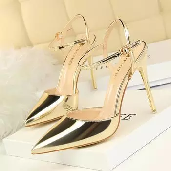 Style Simple Thin Heel Super High Heel Shallow Mouth Pointed Patent Leather Sexy Nightclub Thin Word with Women s Sandals 34