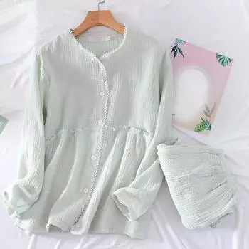 Style Spring and Autumn Ladies Pajamas Set Cotton Crepe Long Sleeve Trousers Home Service Suit Pajamas for Women M белый