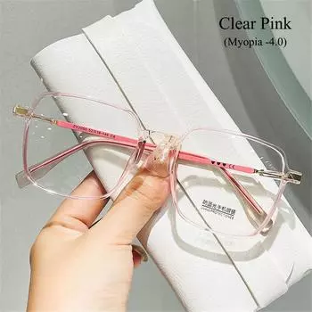 Style Square Oversized Eyewear Nearsighted Glasses Myopia Glasses for Women Transparent Glasses Myopia -4.0-Clear Pink