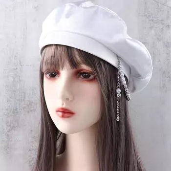 Style Winter Autumn Satin Pearl Chain Women Berets Painter Hat Octagonal Hat Korean Style Hat белый