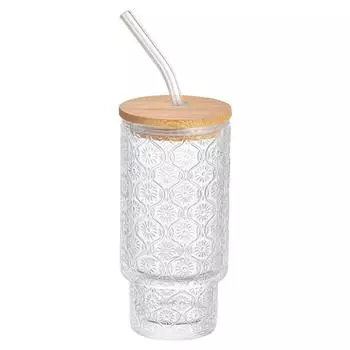 Stylish 16 Oz Glass Tumbler with Straw Lid and Cleaning Brush for Iced Coffee and Smoothies Begonia Pattern Design 1