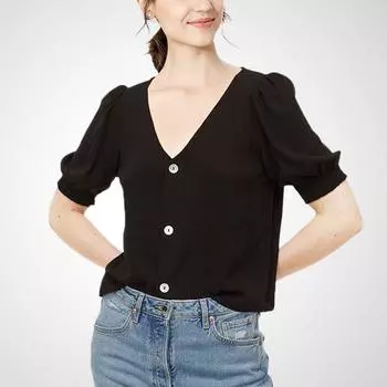 Stylish 2025 Summer New Arrival Women s French Style Temperament V-neck Shirt Black Slim Looking Casual Shirt Half Sleeve Tops Tide Black M