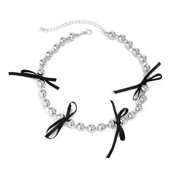 Stylish and Unique Beaded Necklace Delicate Stainless Steel Beaded Neck Chain Bowknot Adorned Neck Jewelry Ornament