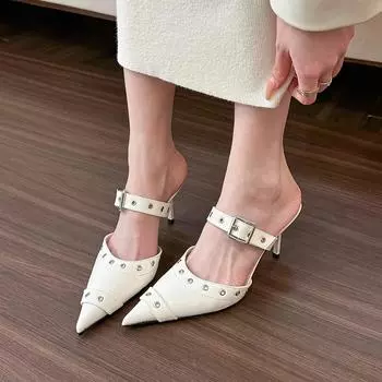 Stylish babes! White rivet high heels women s spring and summer bag head empty muller half slippers 34 слоновая кость