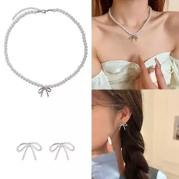 Стильные серьги-банты/ожерелье, красивые серьги-банты, нежные искусственные жемчужины, украшения-банты 2