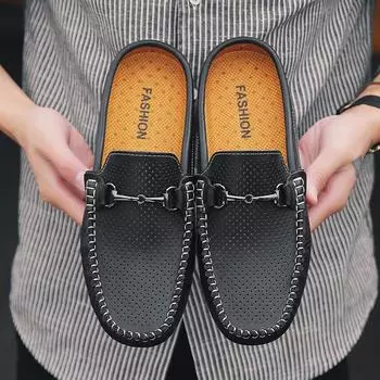 Stylish Breathable Mens Half Shoes Comfy Leather Hole Shoes Handmade Men Muller Lightweight Lazy Shoes VersatileMan Half Slipper 38 чёрный