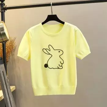 Stylish Bunny Embroider Short-Sleeved T-shirt for Women Summer New Loose Top Thin Ice Silk Pullover Knitwear Yellow L