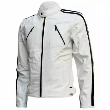Stylish Genuine Lambskin Leather Black Stripes White Men s Jacket Biker Handmade XS белый