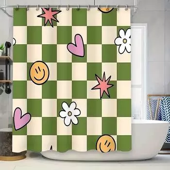Stylish Green and Beige Checkered Shower Curtain with Cute Patterns for Your Home Bathroom DecorationWaterproof PolyesterFabric W90xH180cm